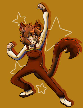 A creature-esque humanoid wearing red overalls and a white sweater with a rainbow across the chest and white doc martens. They have fluffy brown hair, mammalian ears, and a long tail with fluff at the end.
