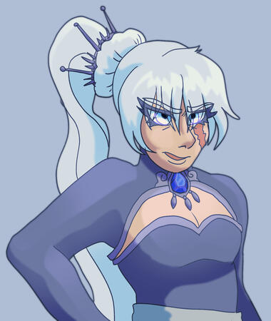 Weiss Schnee from RWBY looking at the viewer with a displeased expression. She has one hand on her hip hidden from view.