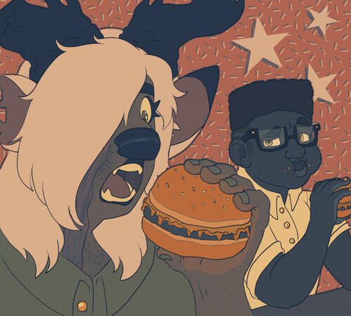 My OCs Elaine and Charisse eating cheeseburgers